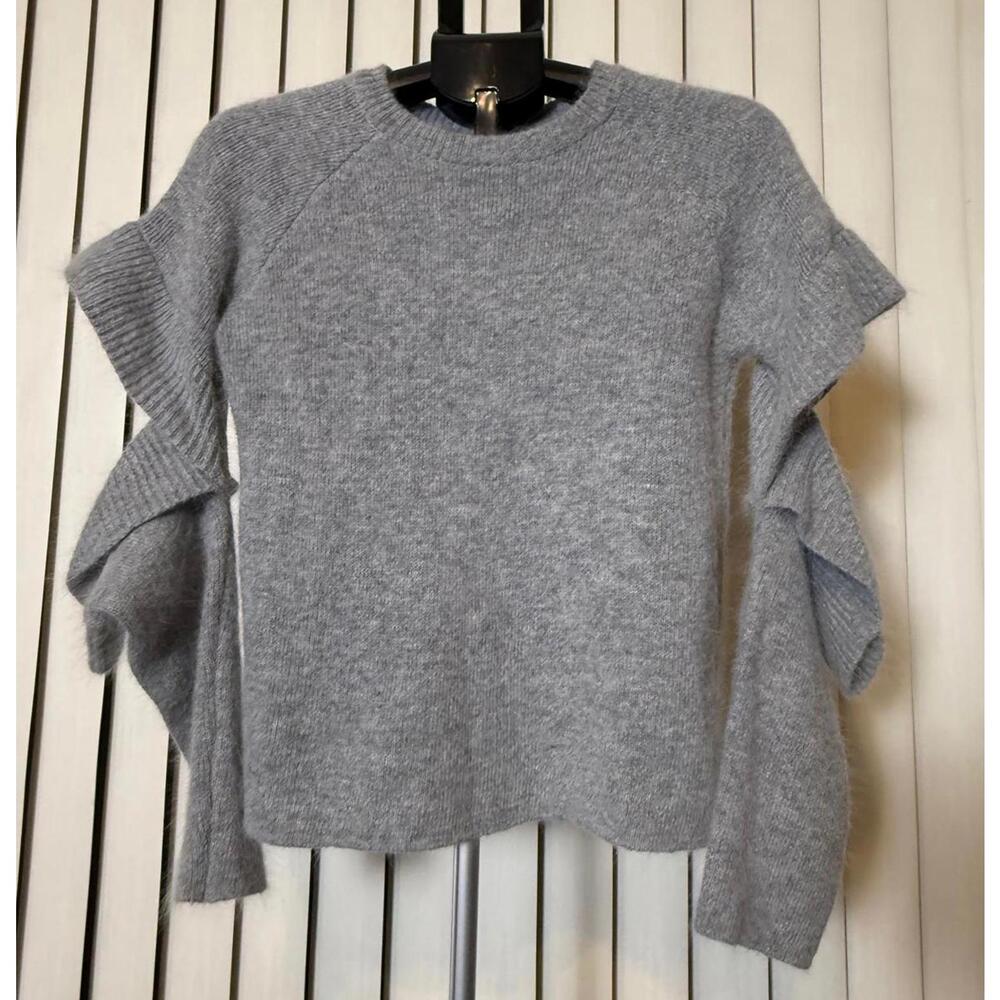 GIANI BINI M SWEATER MOHAIR BLEND CREW NECK RUFFLE ELBOW CUT OUT GREY SOFT NWOT